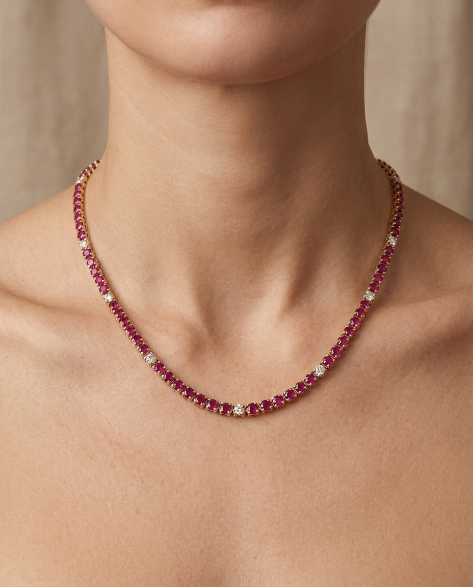 14KT Gold Ruby and Diamond Tennis Necklace (8.00 CTS) on model