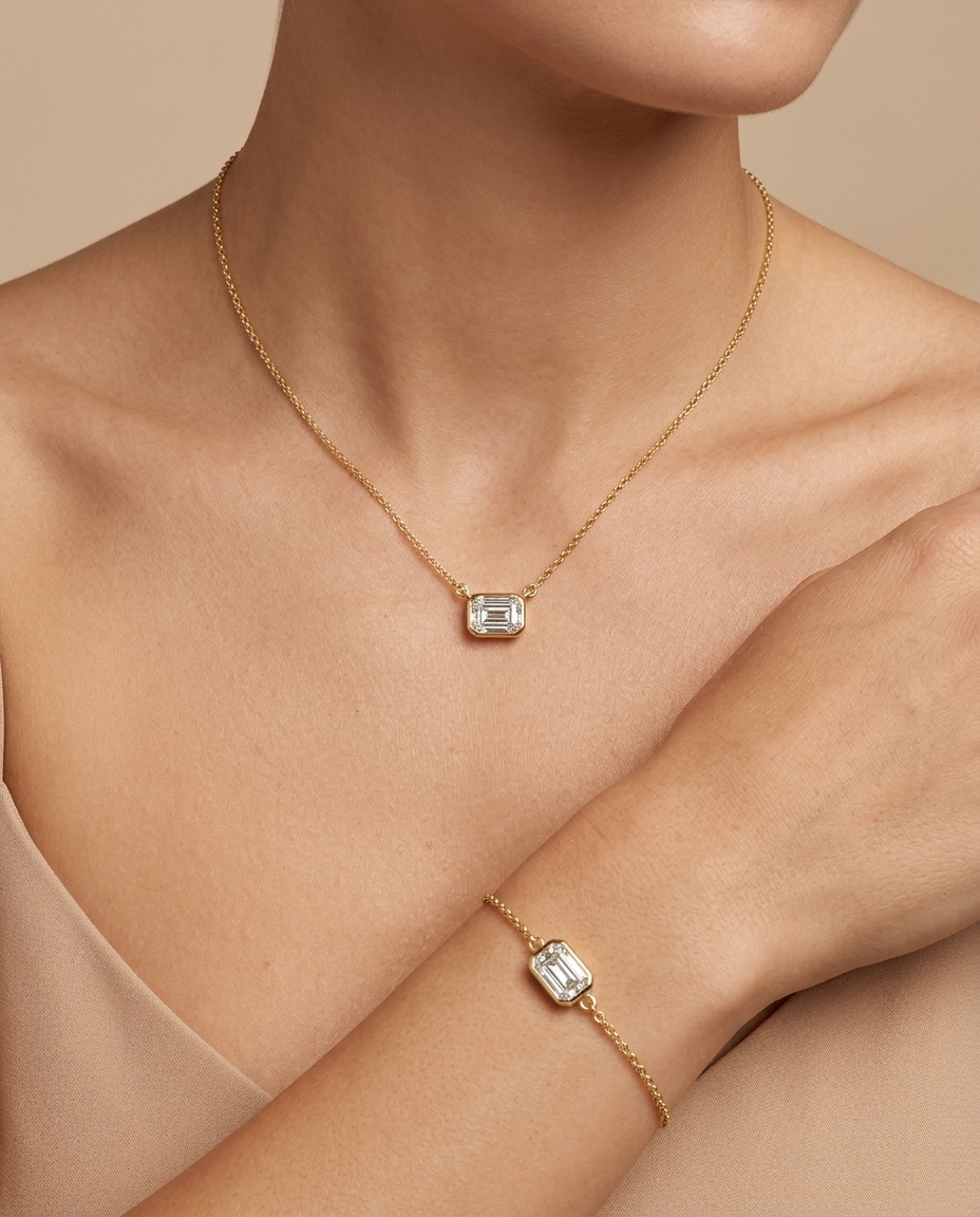 14KT Gold Baguette Bezeled Diamond Pendant Necklace on model