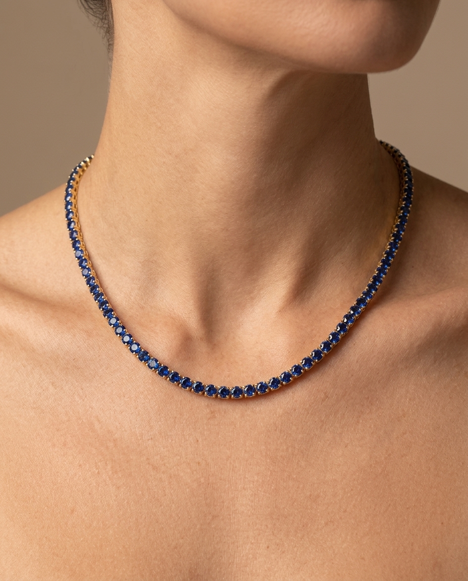 14KT Gold Blue Sapphire Tennis Necklace (3.0 MM) on model
