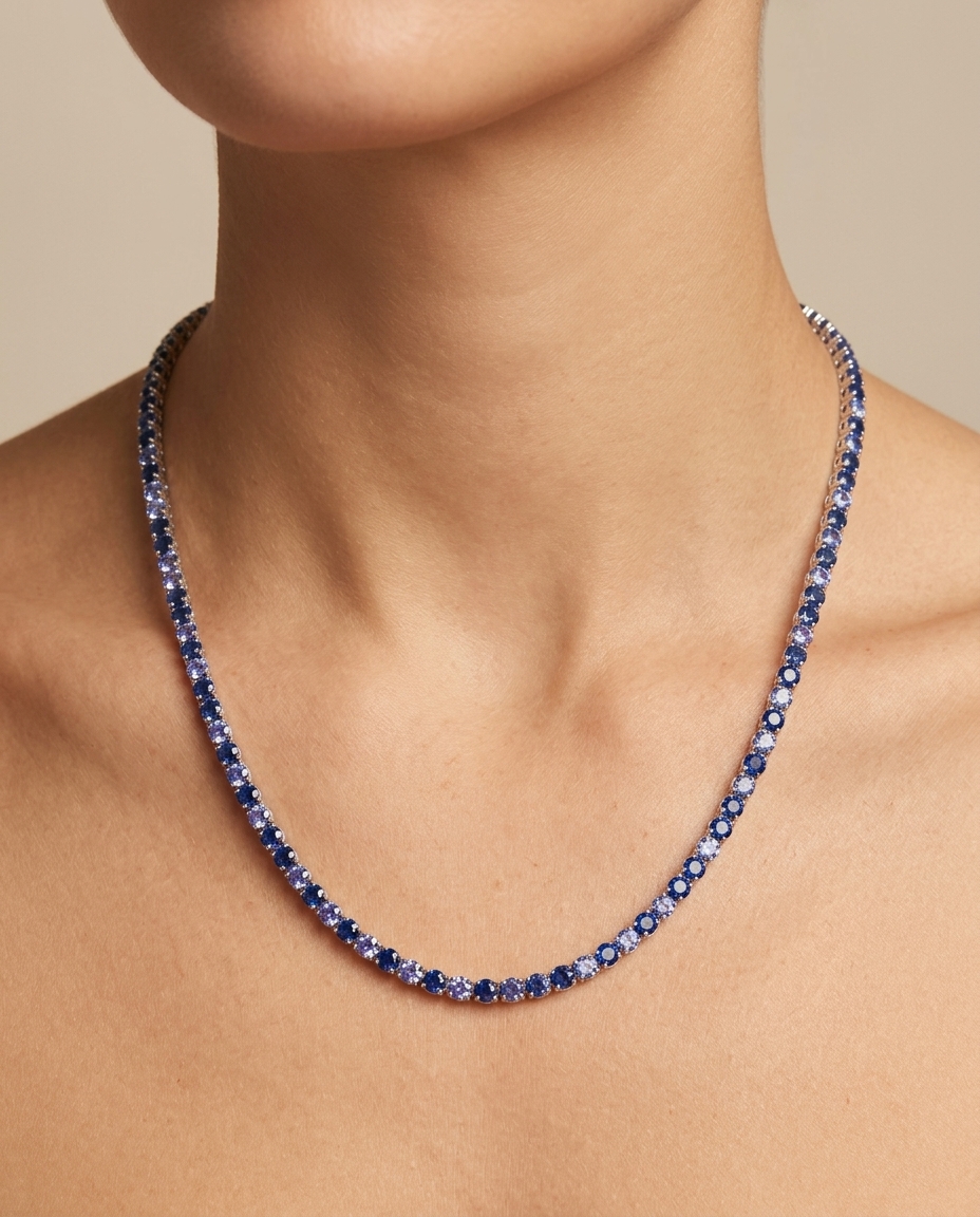 14KT Gold Blue Sapphire Tennis Necklace (2.5 MM) on model