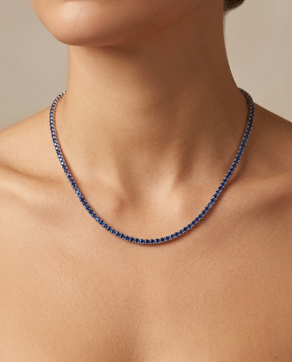 14KT Gold Blue Sapphire Tennis Necklace (2.0 MM) on model