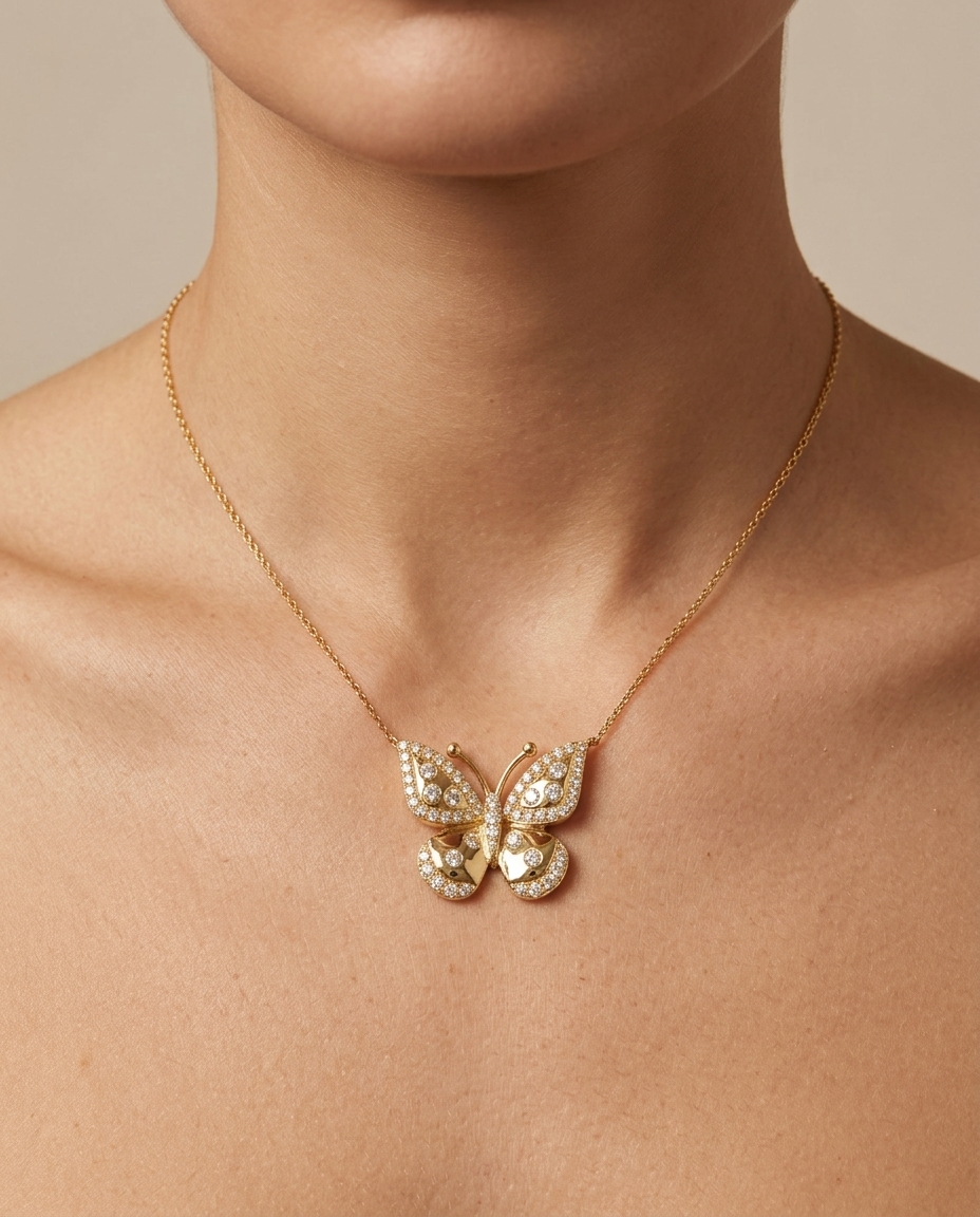 14KT Yellow Gold Butterfly Diamond Necklace on model
