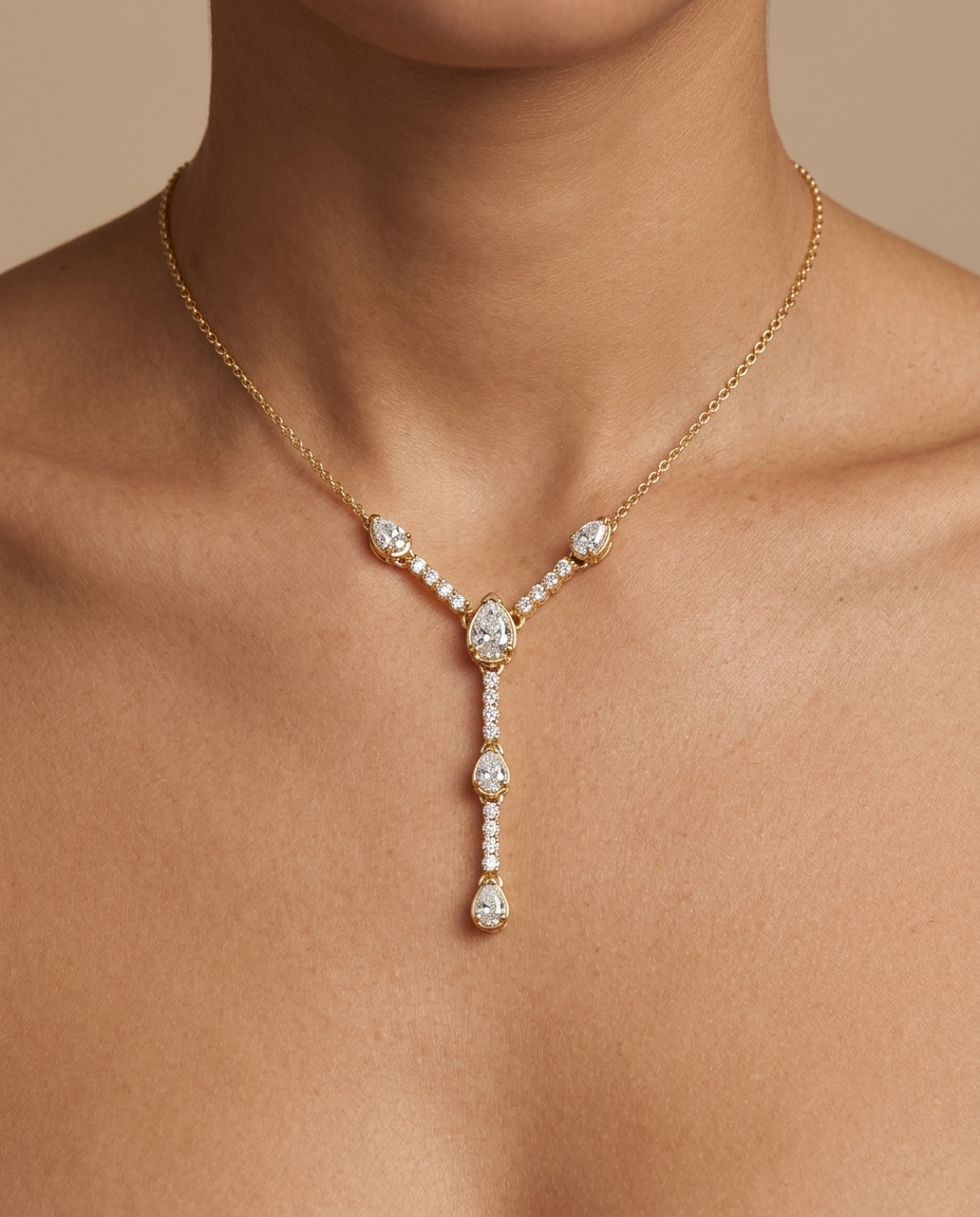 14KT Gold Diamond Drop Necklace on model