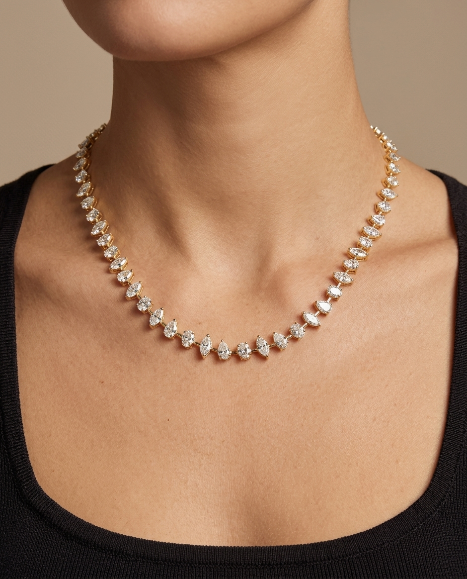 14KT Yellow Gold Assorted Diamond Necklace on model