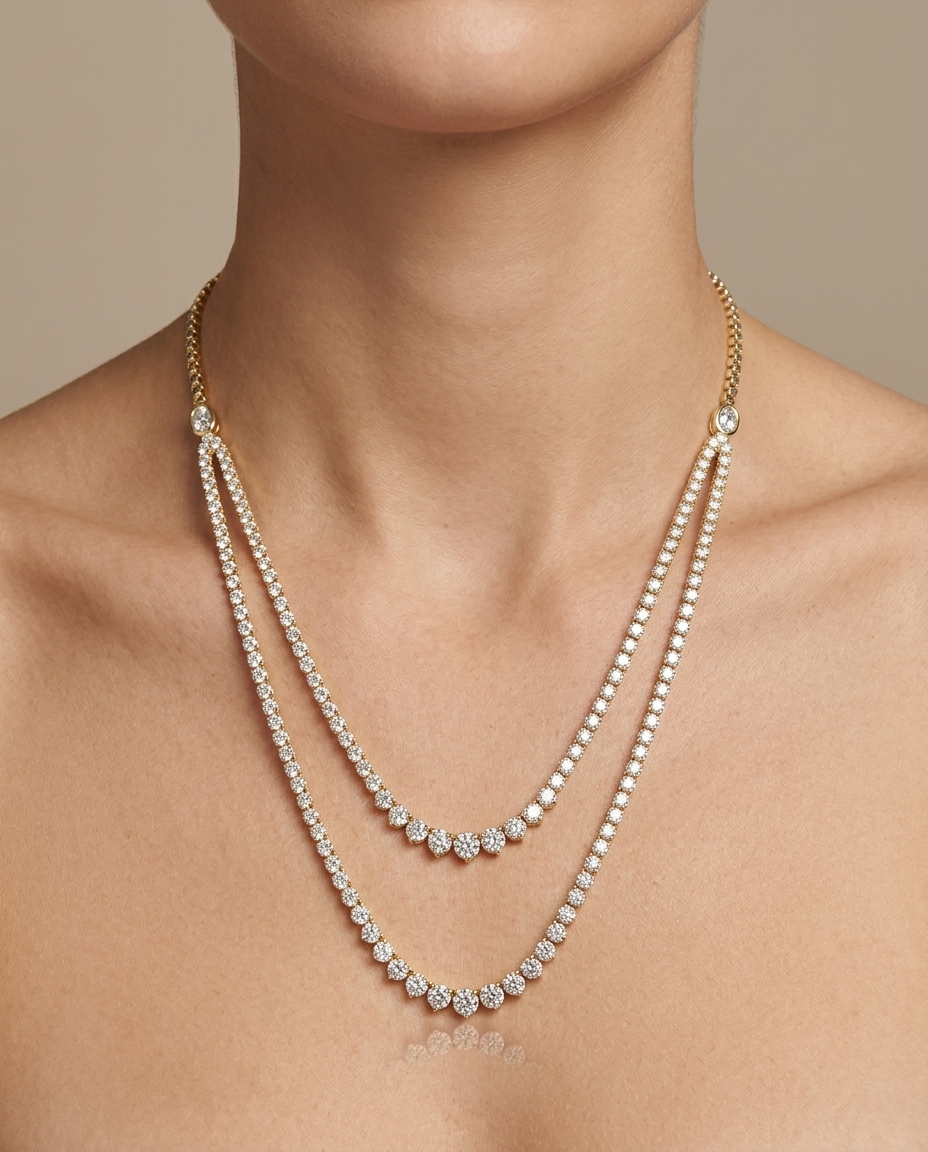 14KT Yellow Gold Diamonds Graduated Necklace on model