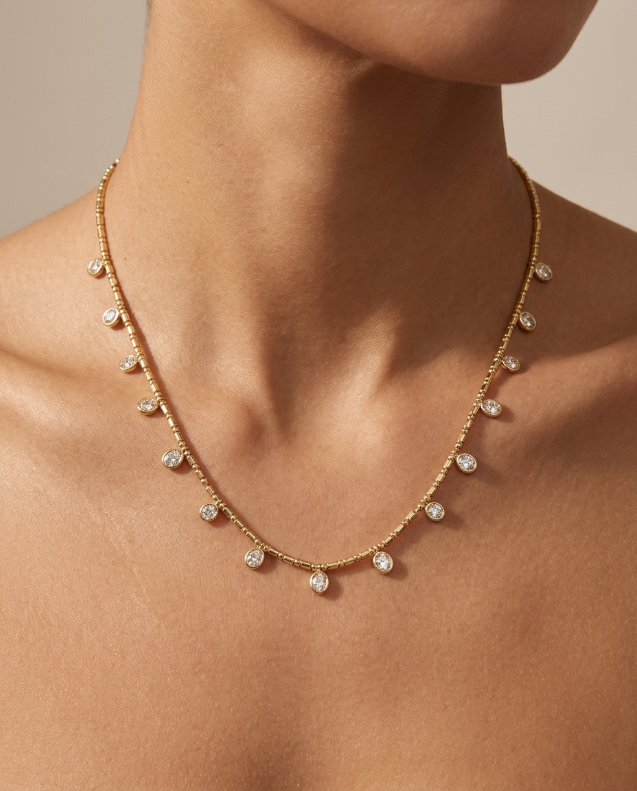 14KT Gold Oval Bezeled Diamond Dangling Necklace on model