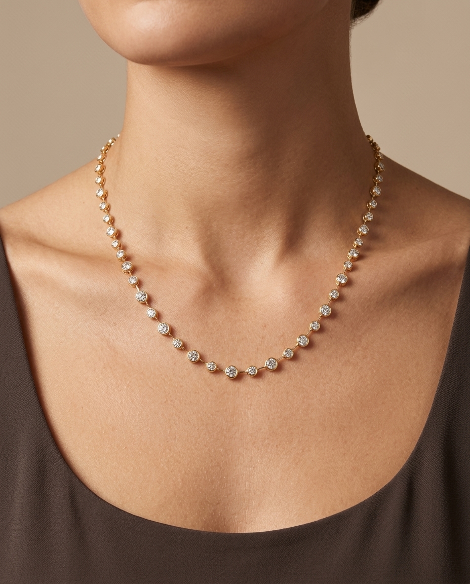 14KT Gold Station Diamond Bezel Tennis Necklace (4.50 CTS) on model