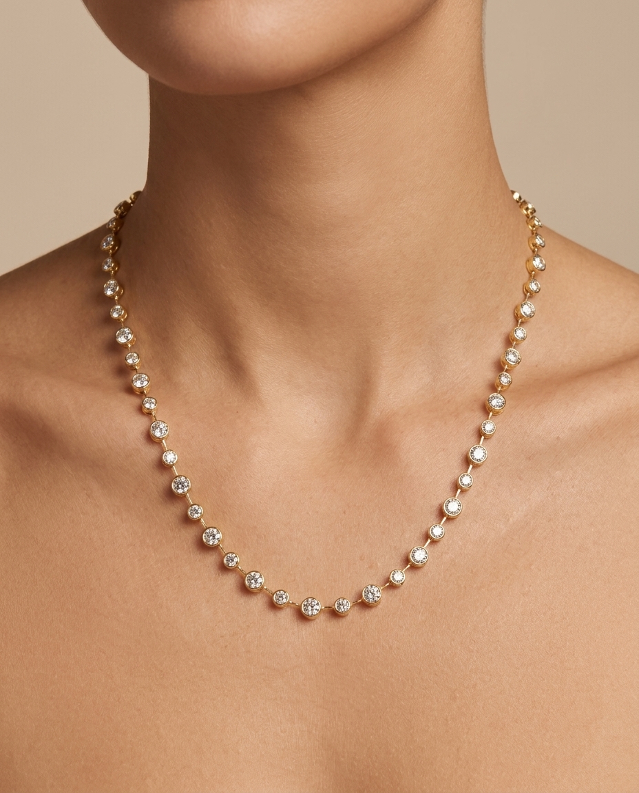 14KT Gold Station Diamond Bezel Tennis Necklace (4.50 CTS) on model