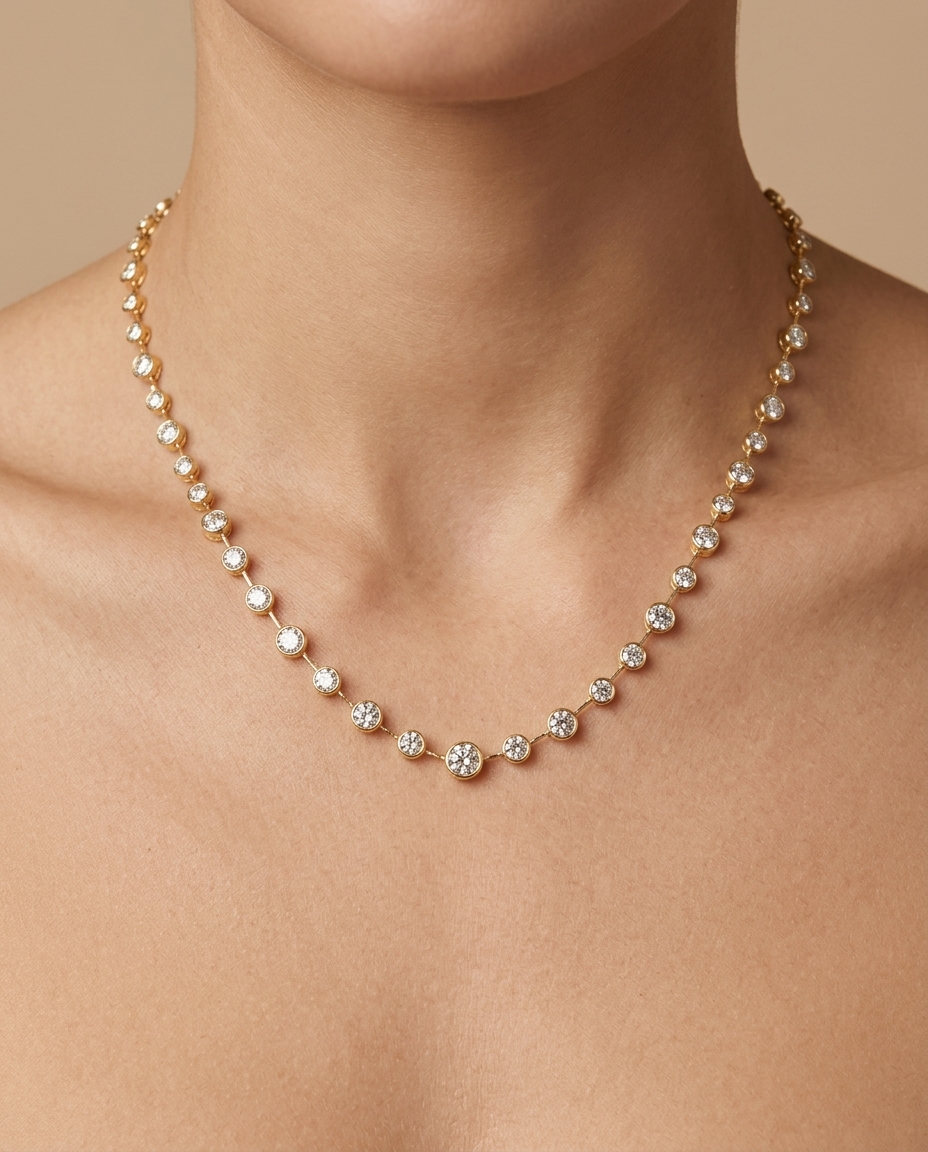14KT Gold Station Diamond Bezel Tennis Necklace (3.50 CTS) on model