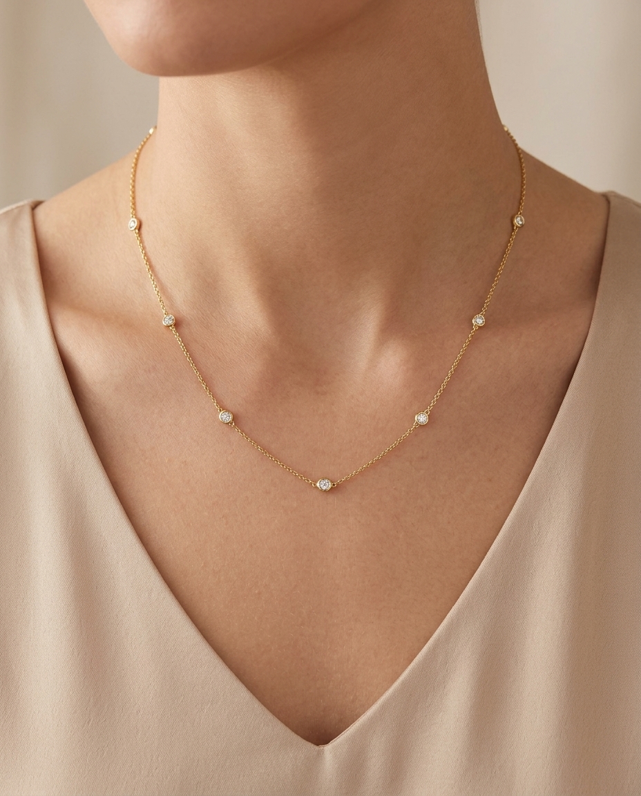 14KT Gold Bezelled Diamond Station Necklace on model