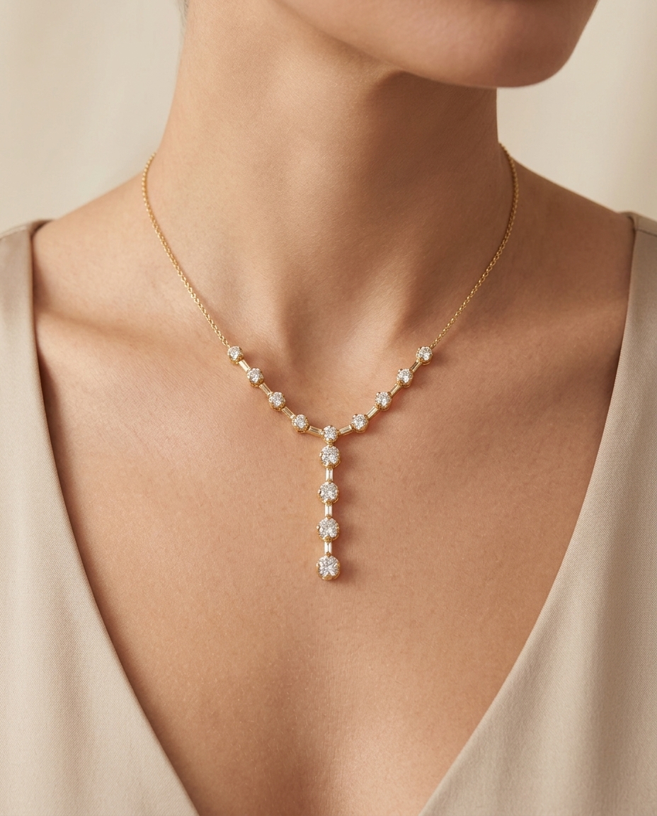 18KT Gold Diamond Dangling Necklace on model