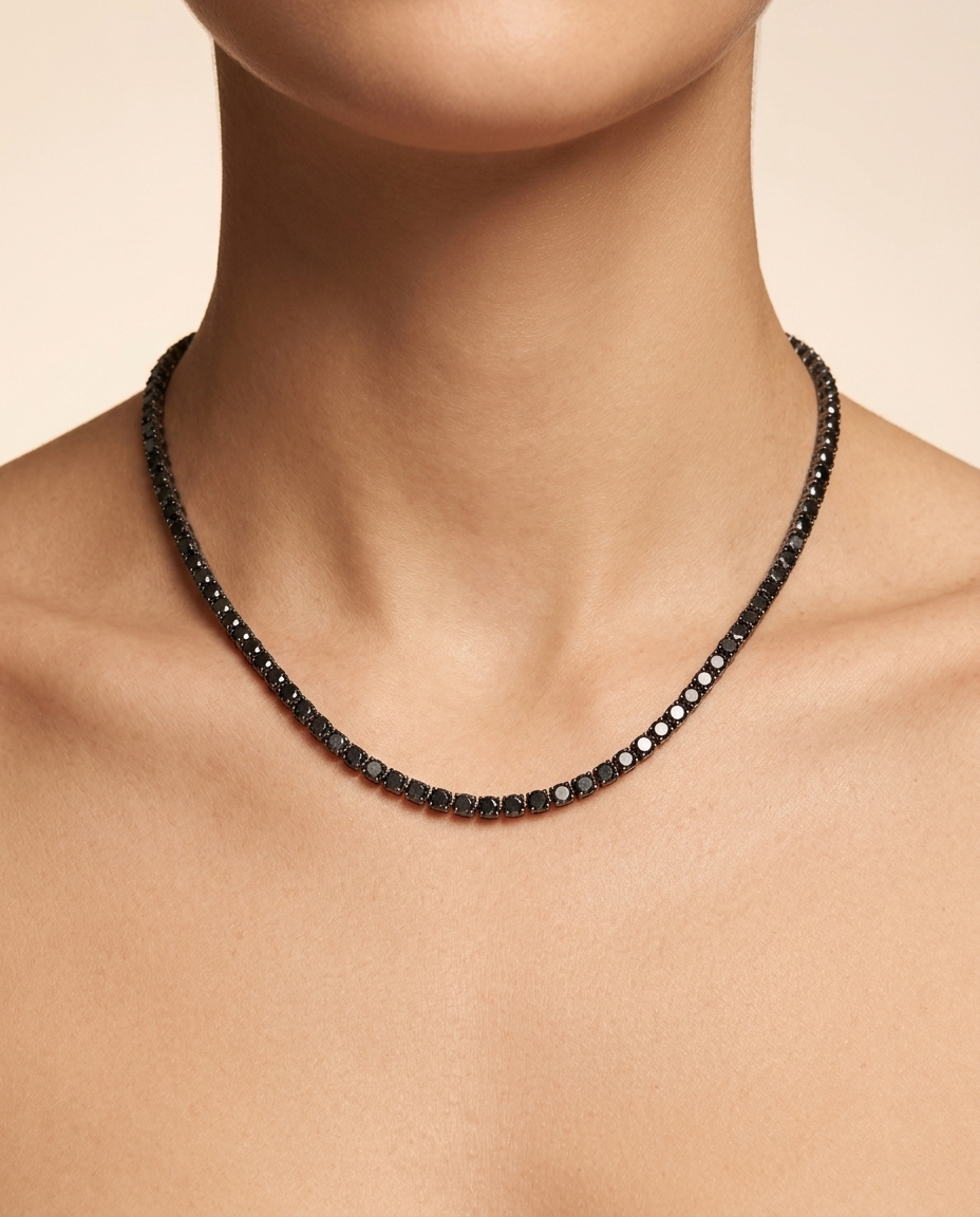 14KT White Gold Black Diamond Tennis Necklace on model