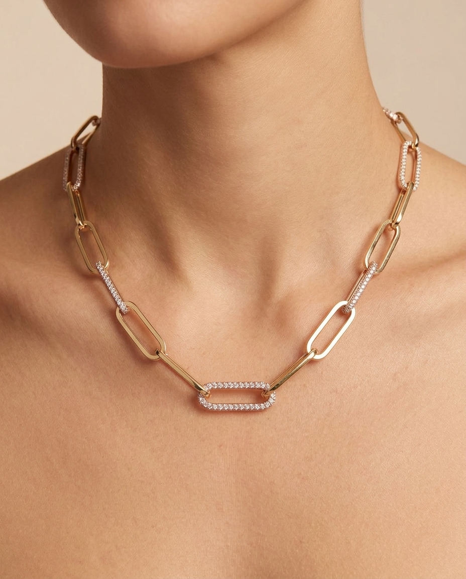 14KT Paperclip Chain with Five Diamond Link Necklace on model