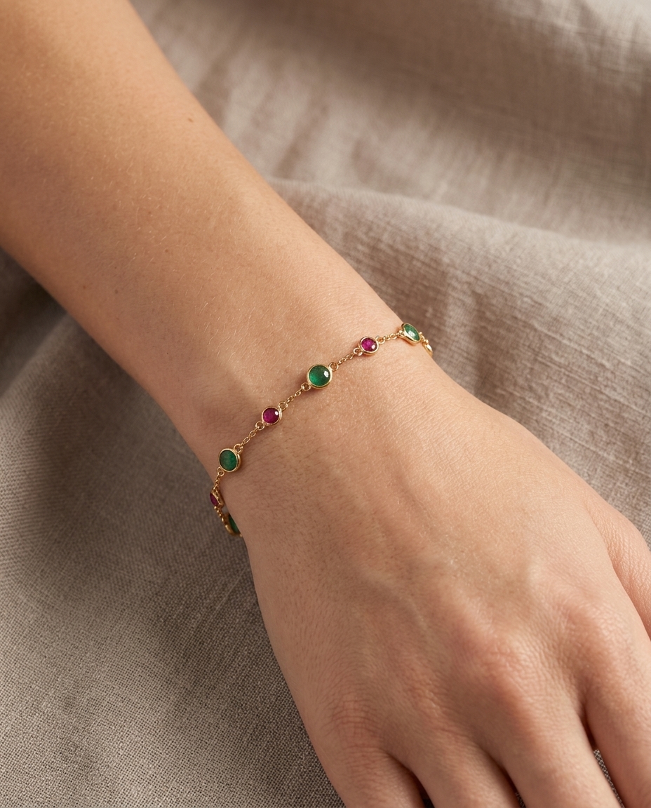 18KT Gold Emerald and Ruby Bracelet on model