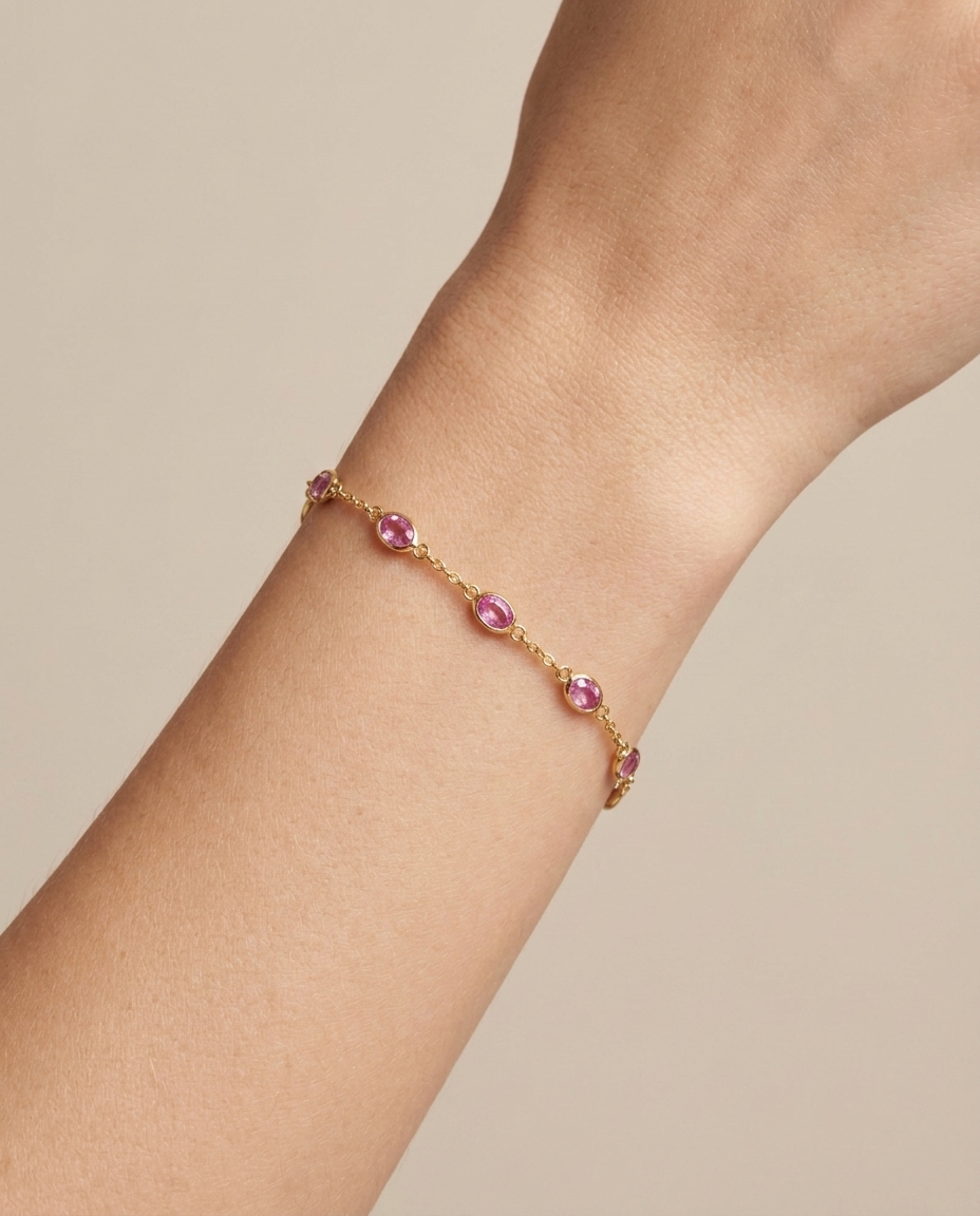 18KT Yellow Gold Pink Sapphire Station Bracelet on model