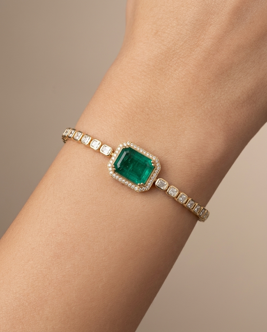 18KT Yellow Gold Emerald Oct and Diamonds Tennis Bracelet on model