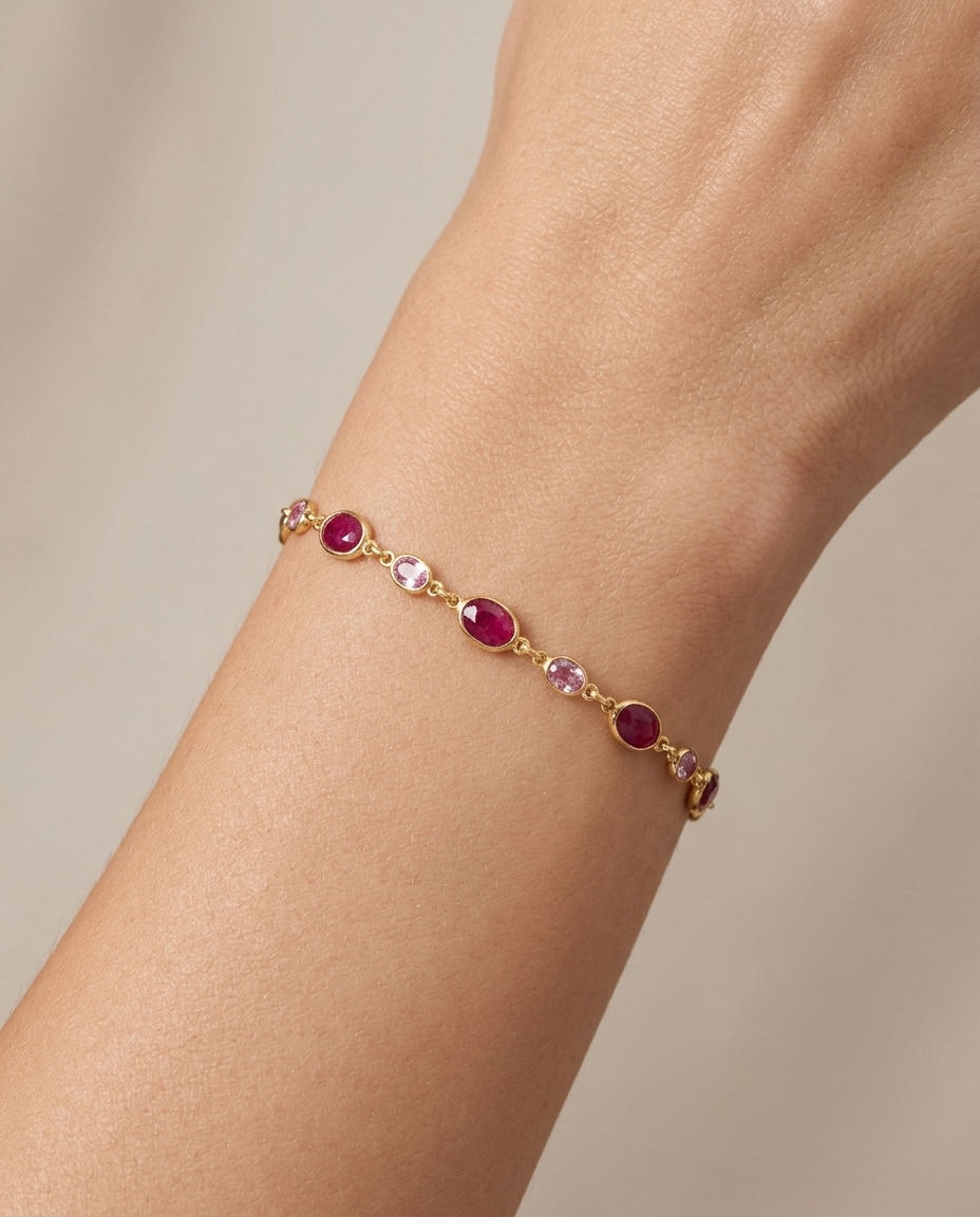 18KT Yellow Gold Ruby and Pink Sapphire Station Bracelet on model