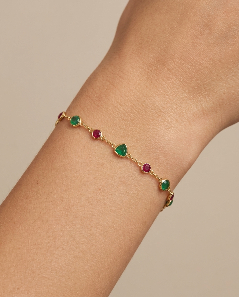18KT Yellow Gold Ruby and Emerald Station Bracelet on model