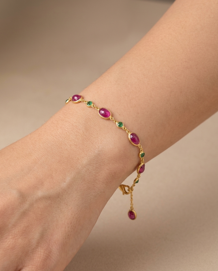 18KT Yellow Gold Ruby and Emerald Station Bracelet on model
