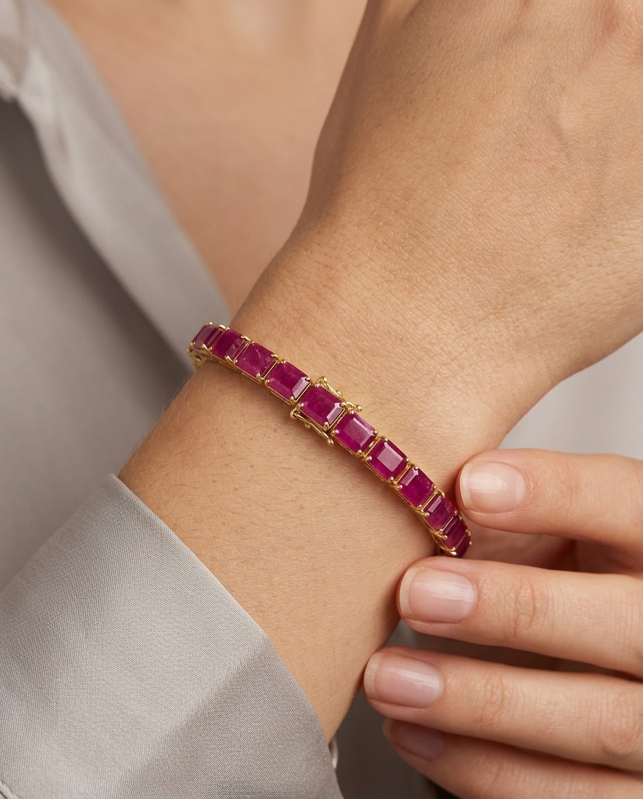 14KT Yellow Gold Baguette Ruby Bracelet on model