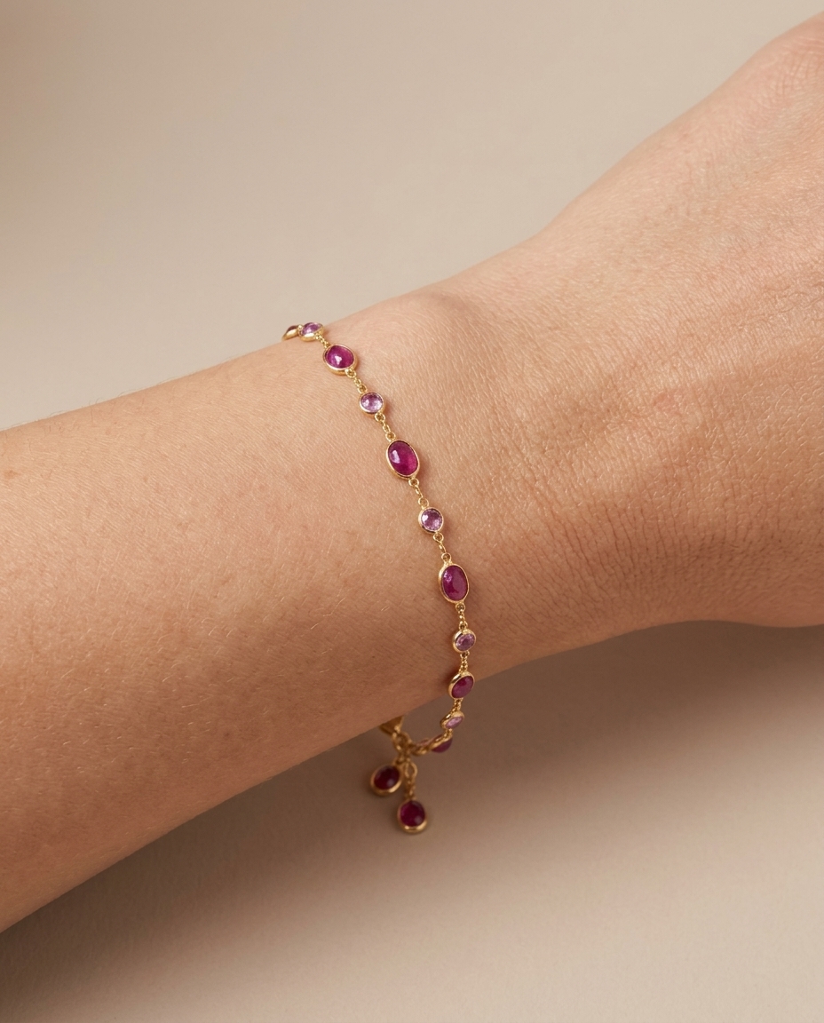 18KT Yellow Gold Ruby and Pink Sapphire Station Bracelet on model