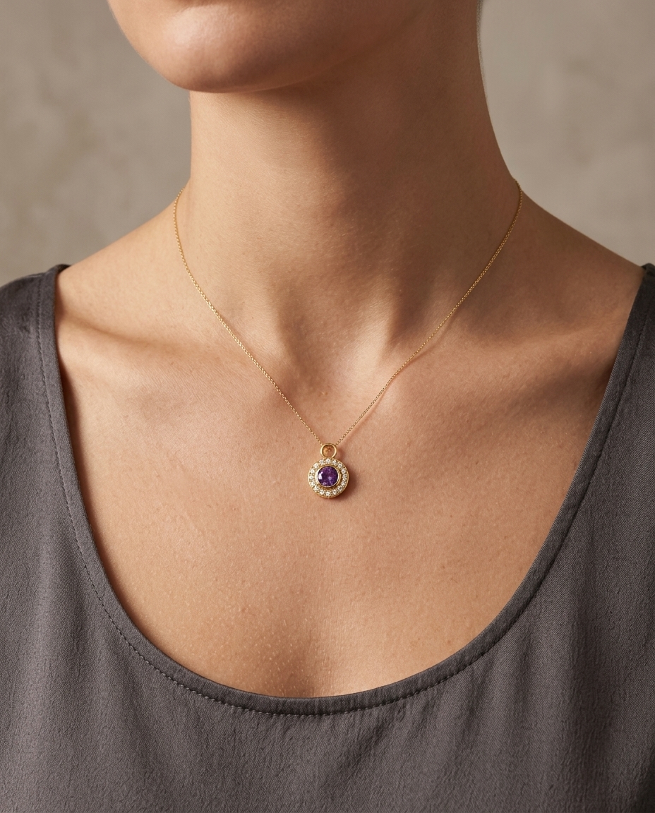 14KT Yellow Gold Amethyst Circle Pendant on model