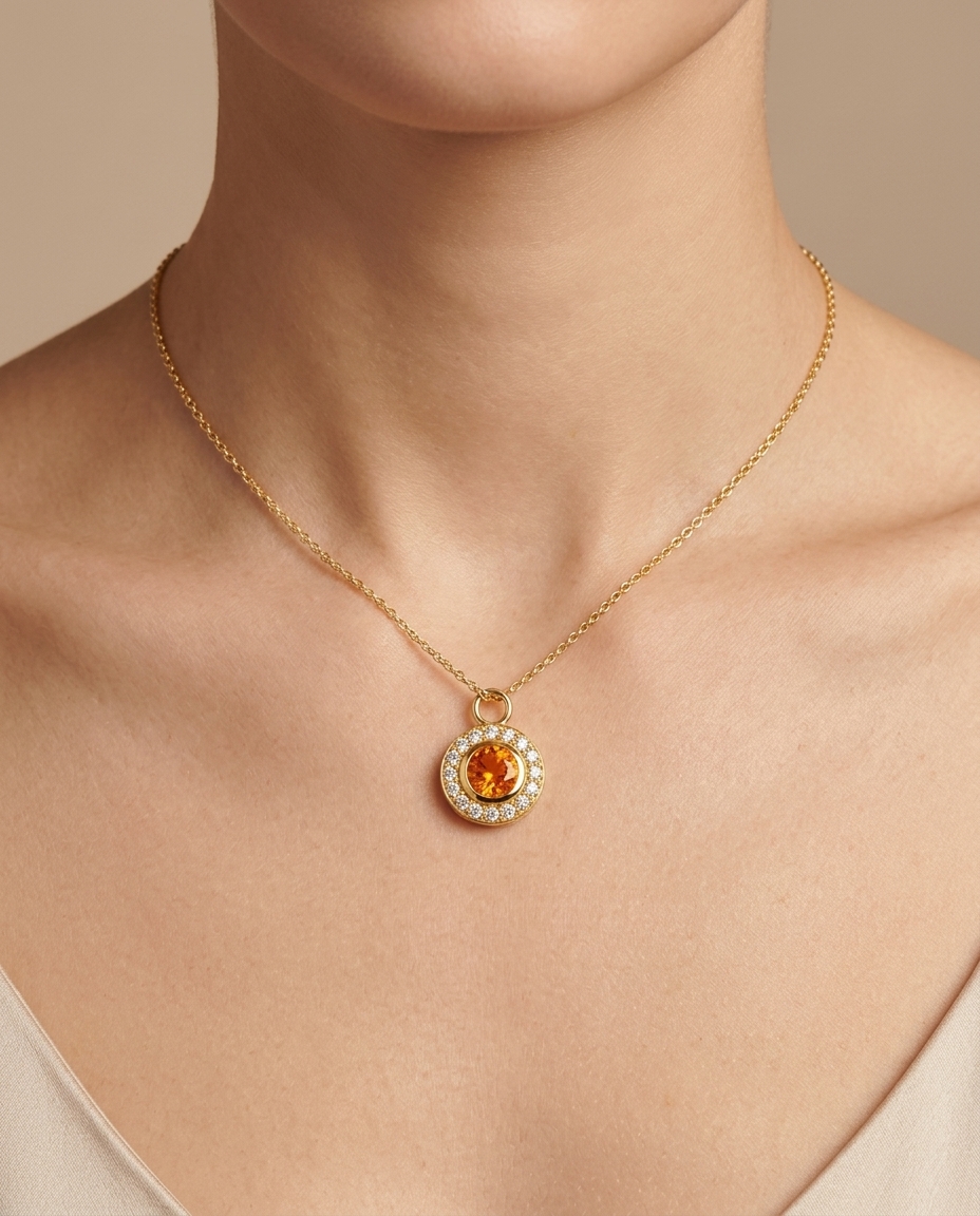 14KT Yellow Gold Orange Sapphire Circle Pendant on model