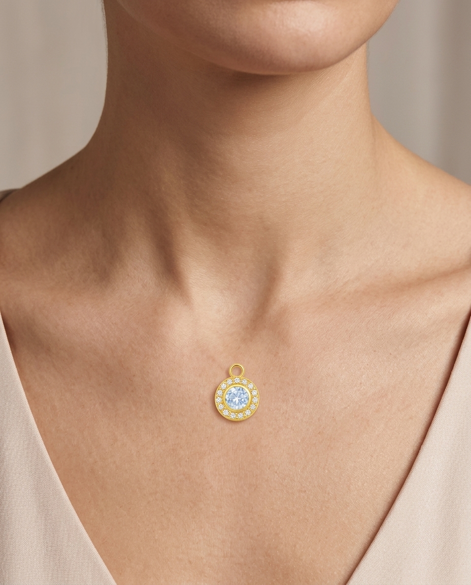14KT Yellow Gold Faceted Moonstone Circle Pendant on model