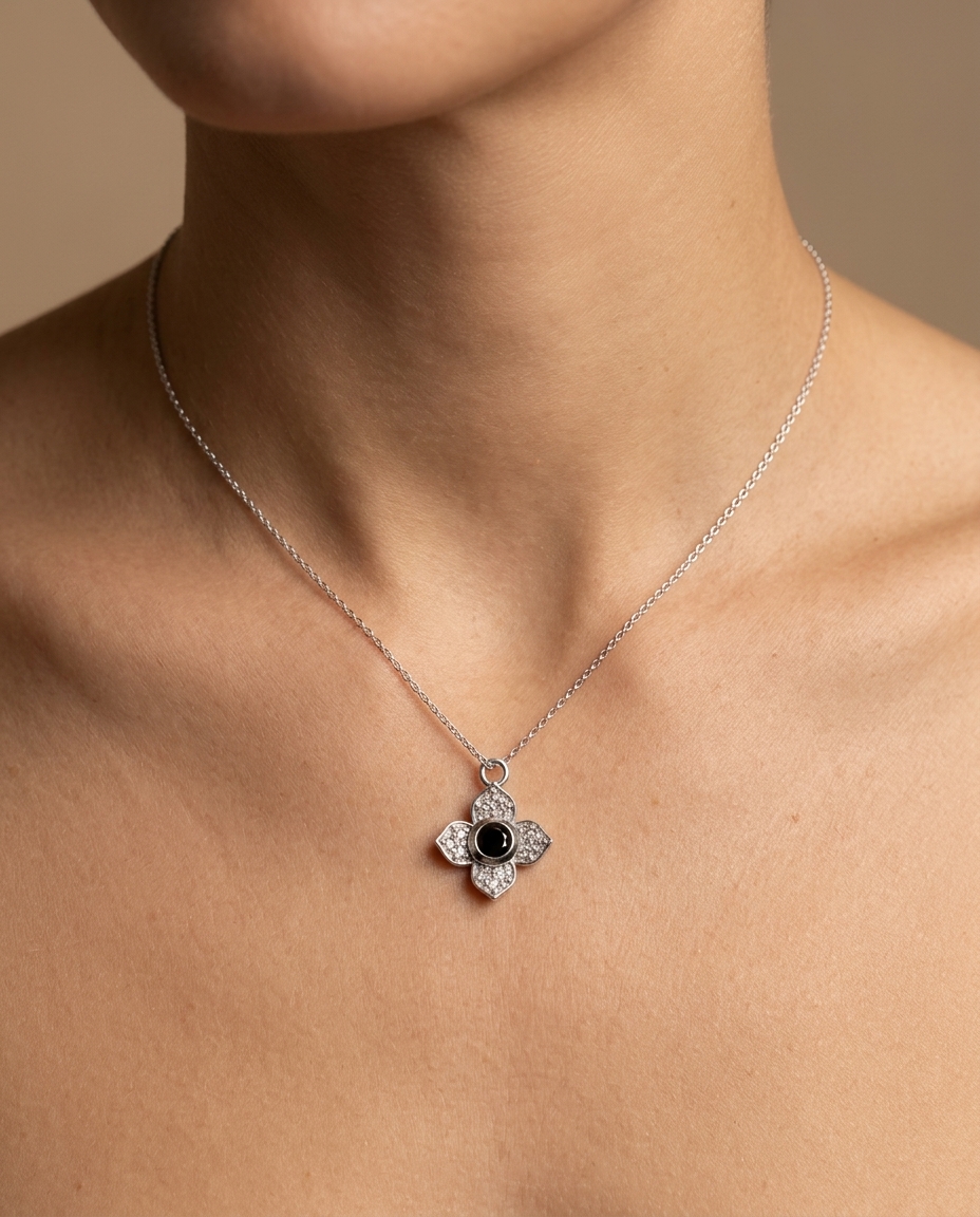 14KT Yellow Gold Black Diamond and Diamond Flower Pendant on model