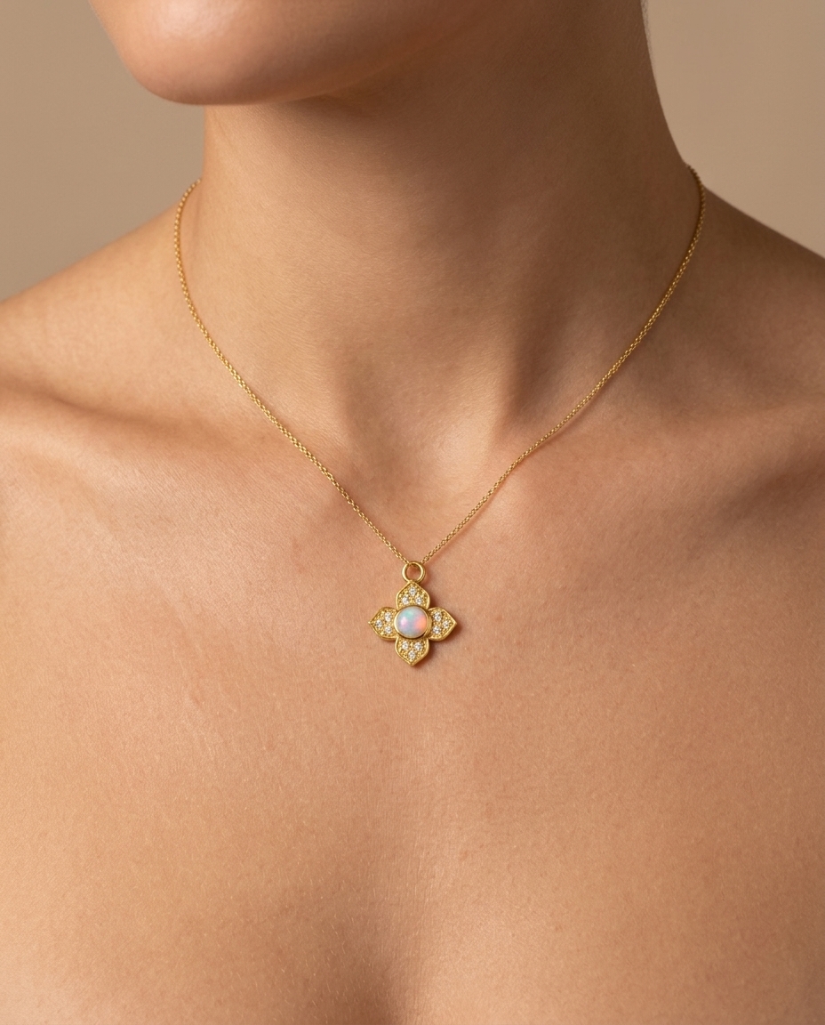 14KT Yellow Gold Opal and Diamond Flower Pendant on model