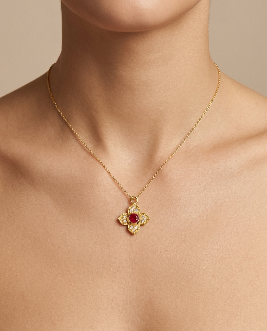 14KT Gold Ruby and Diamond Flower Pendant on model