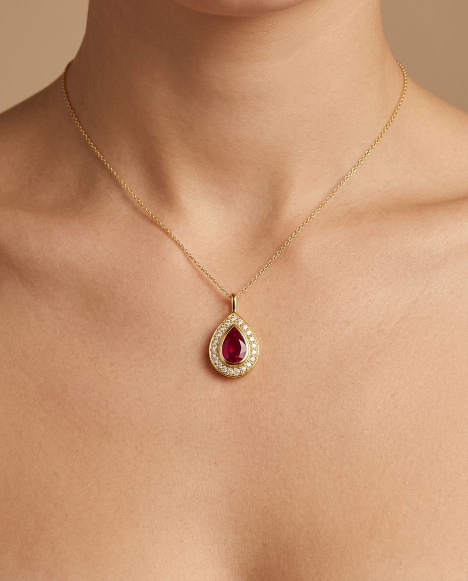 14KT Yellow Gold Ruby Pear Pendant on model