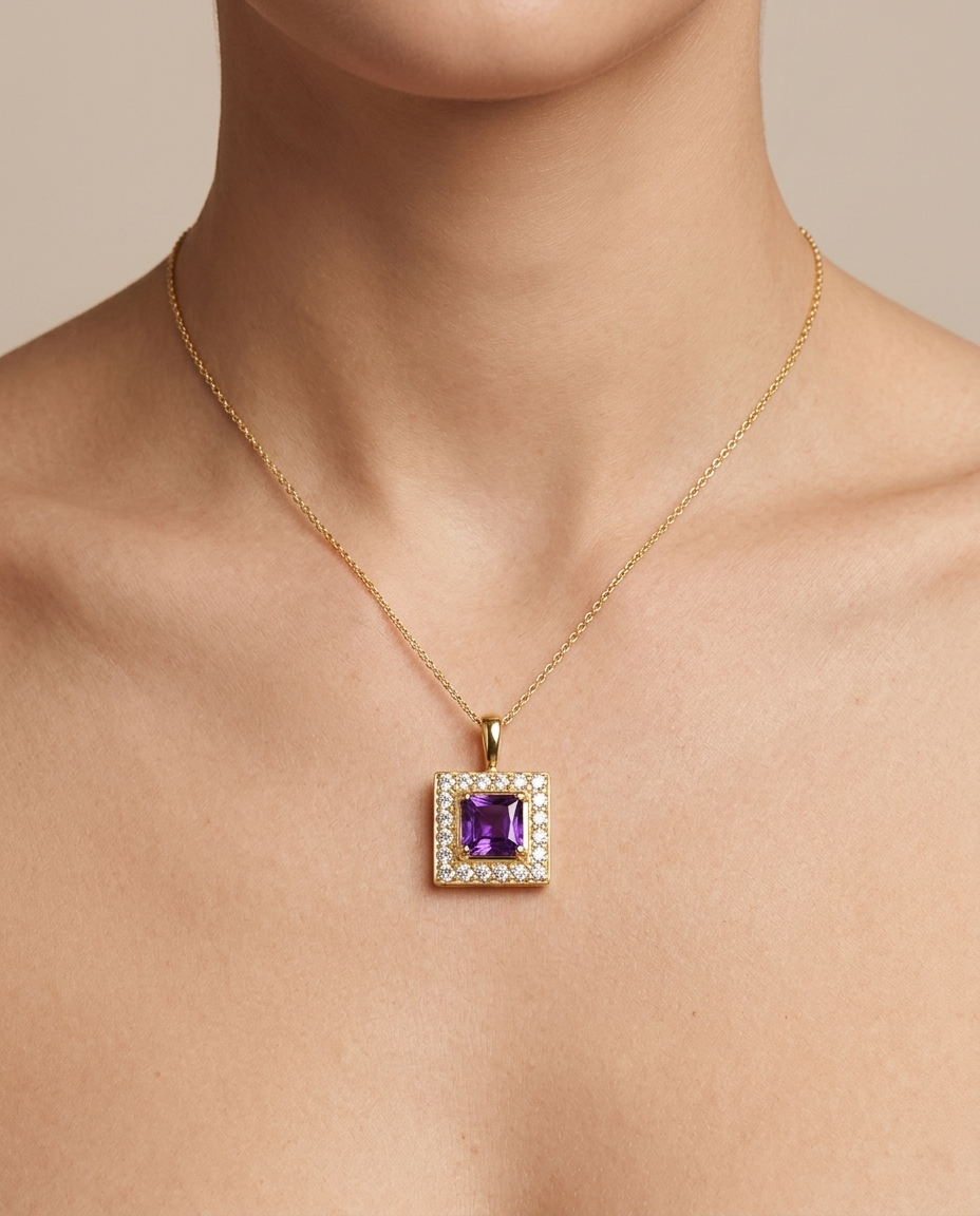 14KT Yellow Gold Amethyst Square Pendant on model