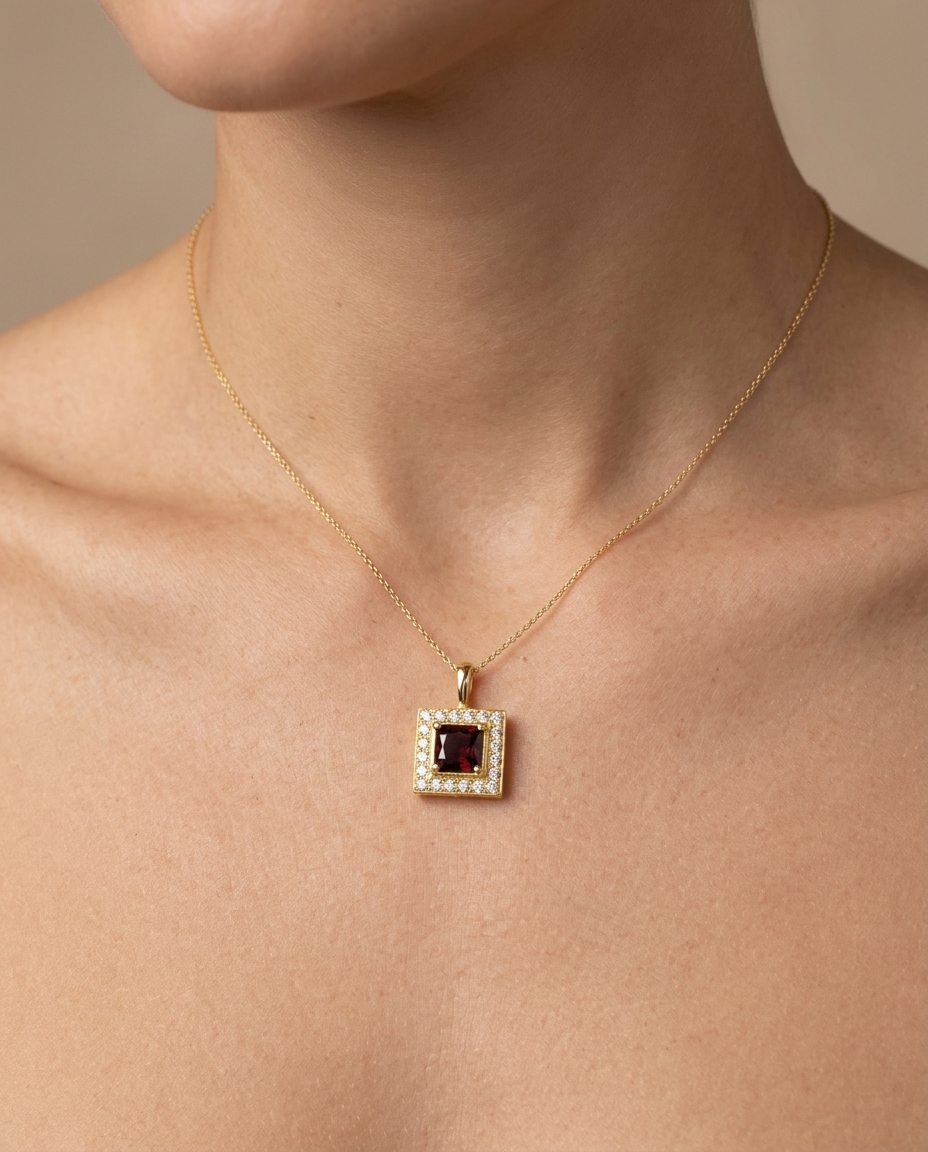 14KT Yellow Gold Garnet Square Pendant on model