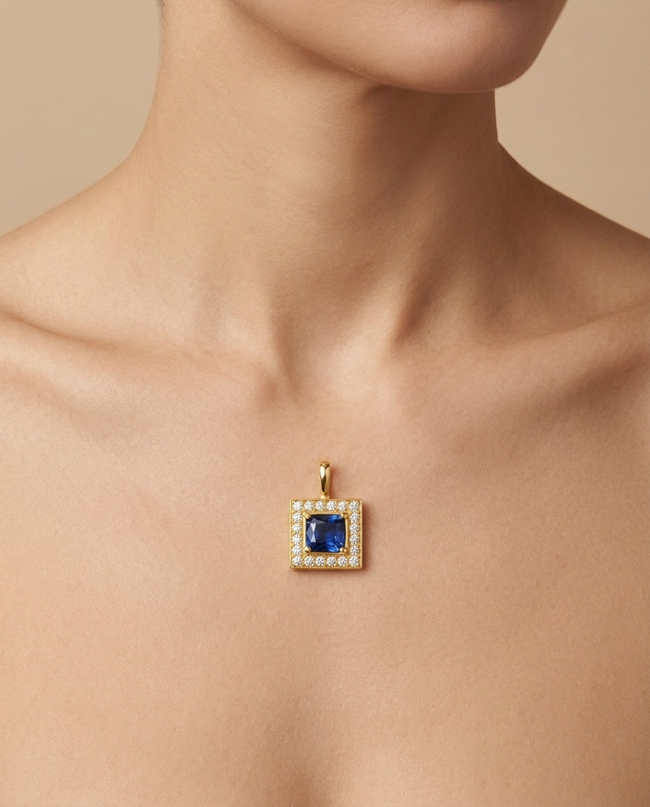 14KT Yellow Gold Labradorite Square Pendant on model