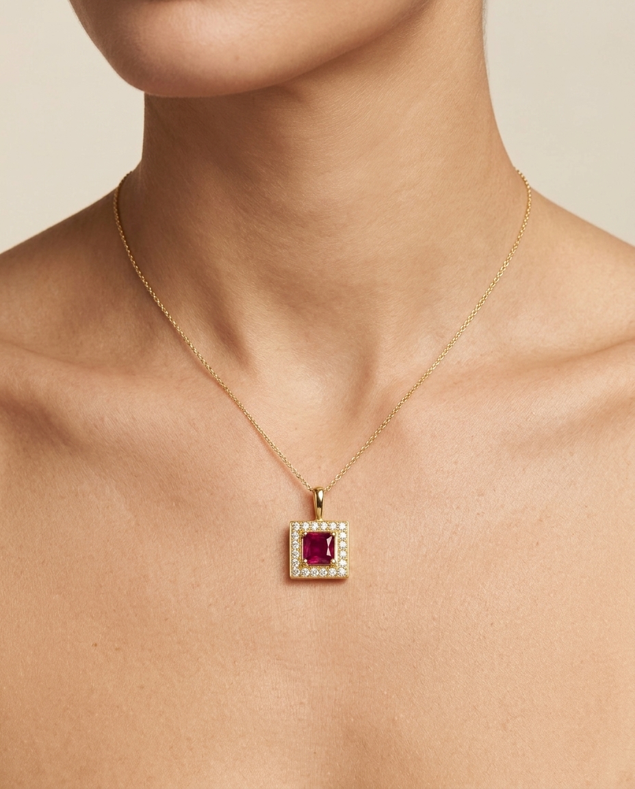 14KT Yellow Gold Ruby Square Pendant on model