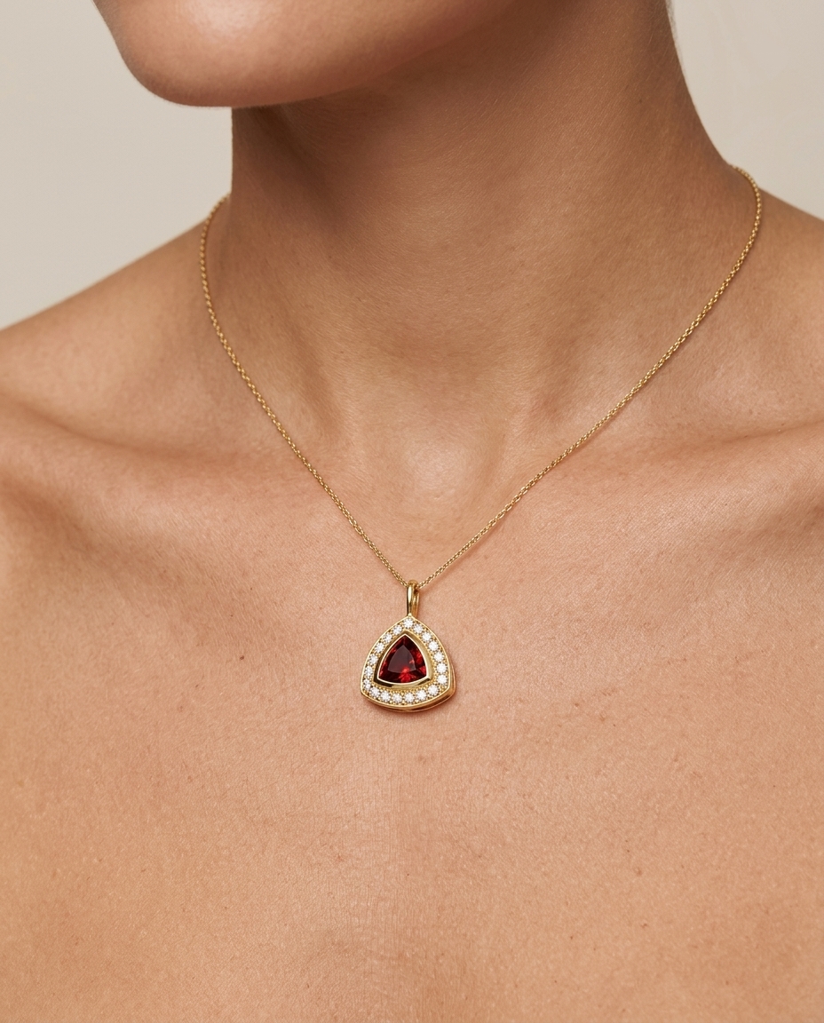 14KT Yellow Gold Garnet Triangle Pendant on model