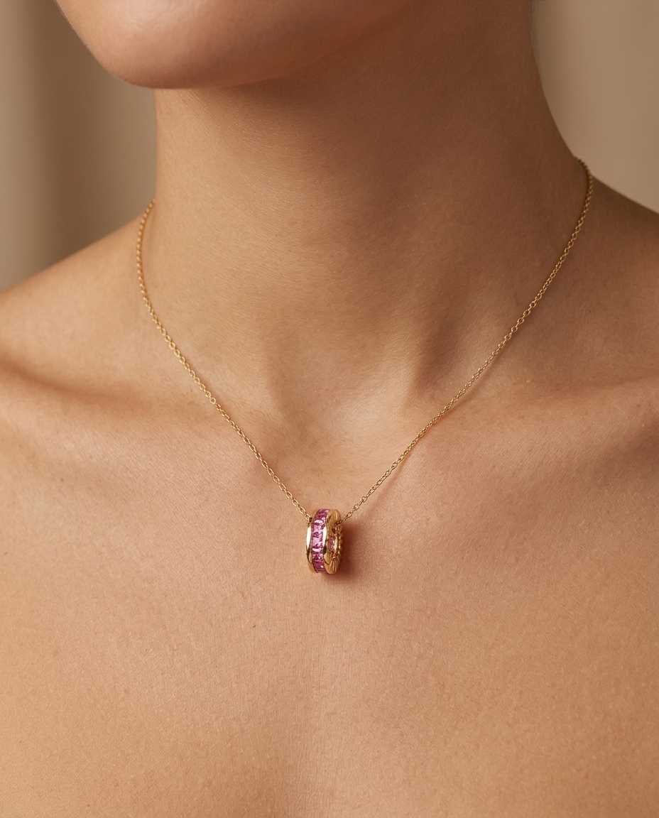 14KT Yellow Gold Pink Sapphire Oval Pendant on model