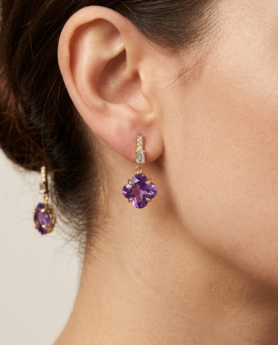 14KT Yellow Gold Amethyst and Diamonds Earring on model