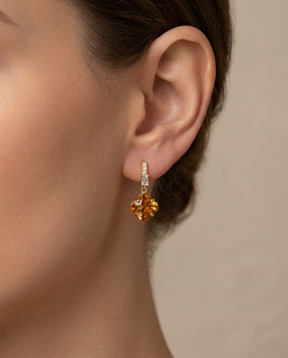 14KT Yellow Gold Citrine and Diamonds Earring on model