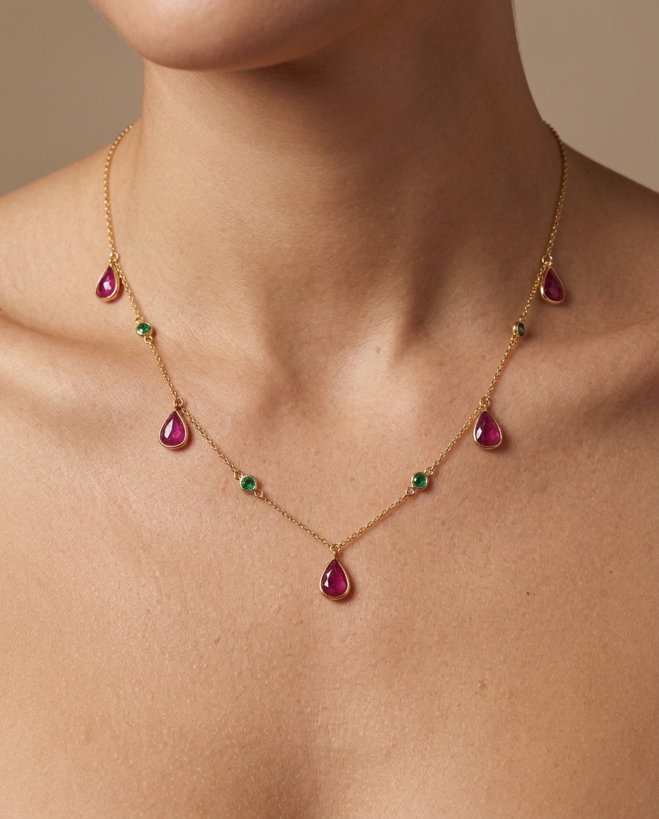 18KT Yellow Gold Ruby and Emerald Station Necklace on model