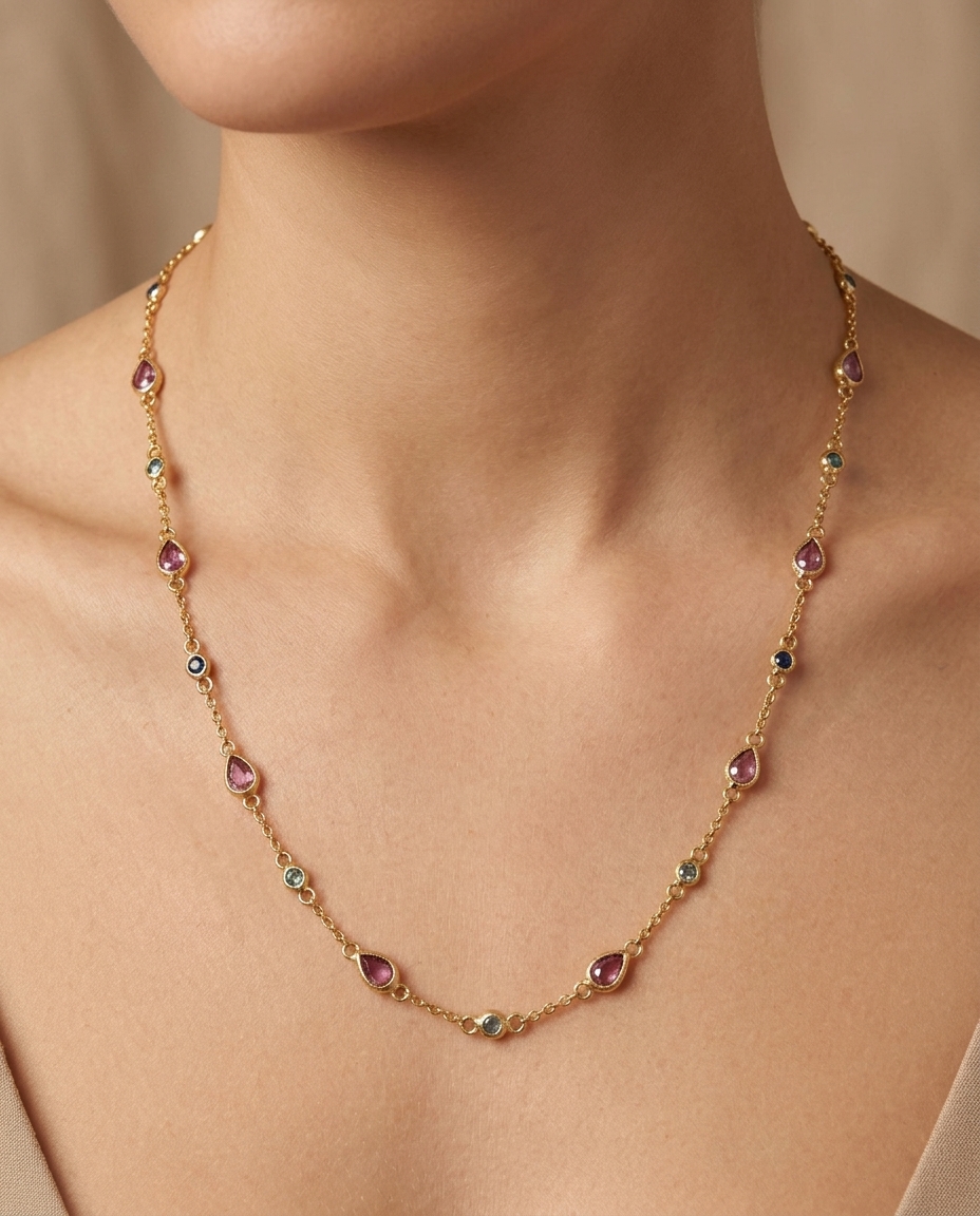 18KT Yellow Gold Sapphire Station Necklace on model
