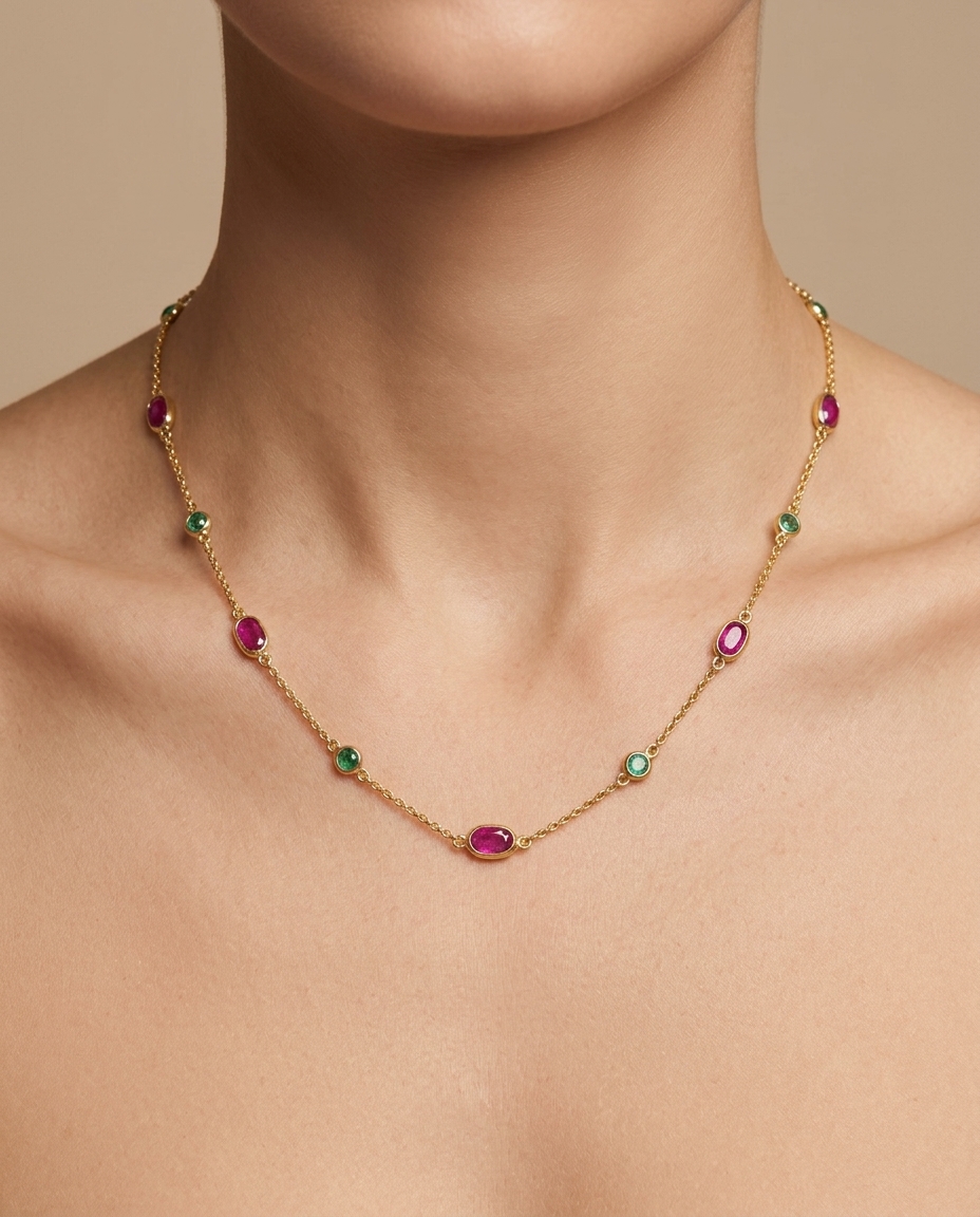 18KT Yellow Gold Ruby and Emerald Station Necklace on model