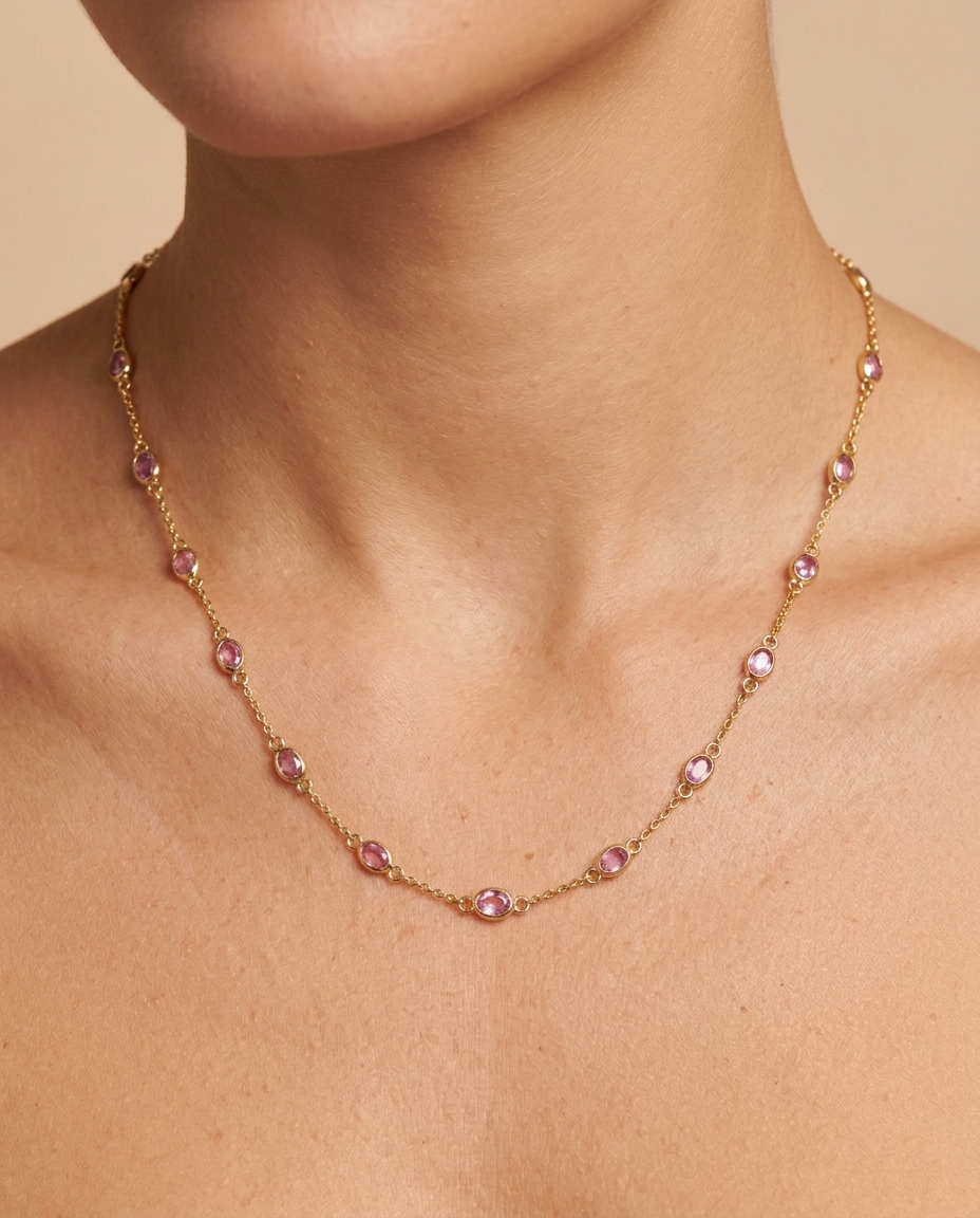 18KT Yellow Gold Pink Sapphire Station Necklace on model