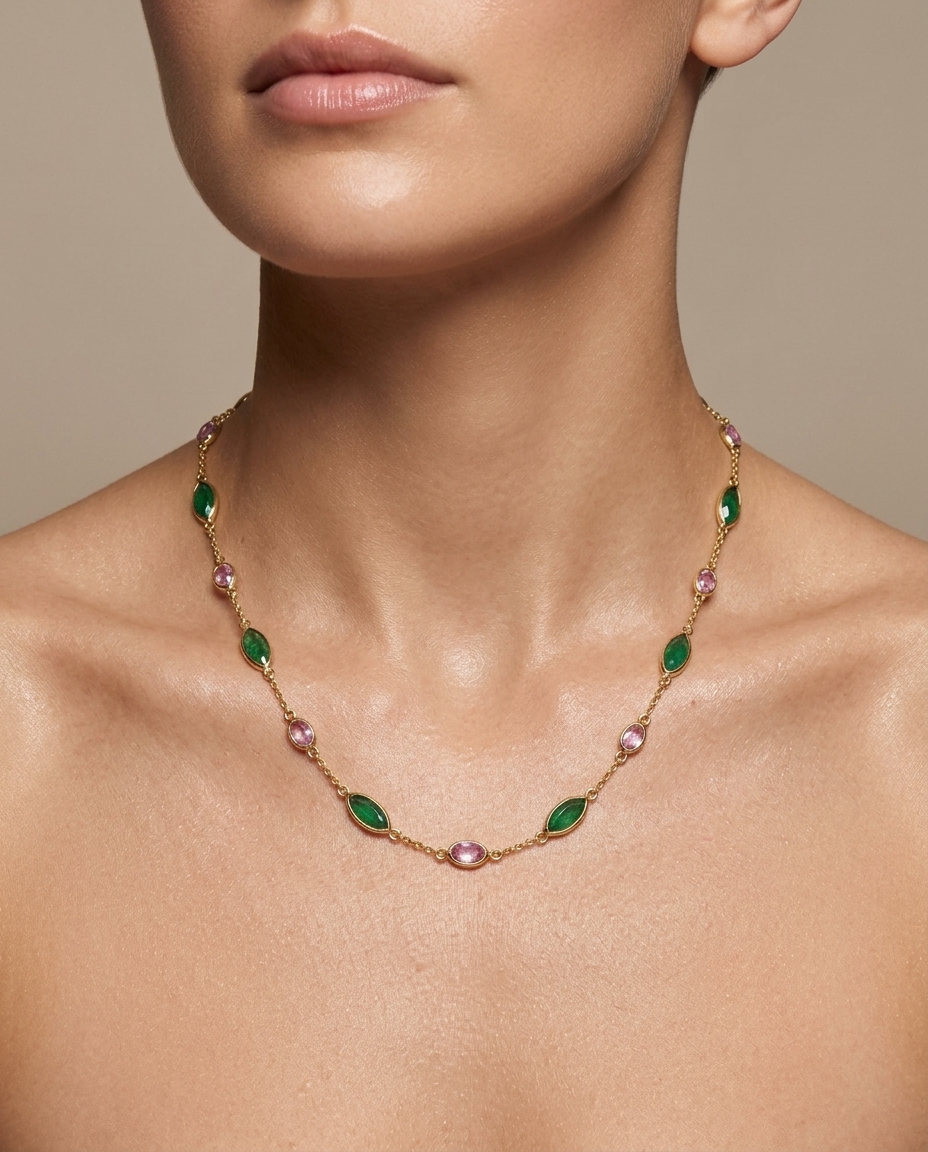 18KT Yellow Gold Emerald and Pink Sapphire Station Necklace on model