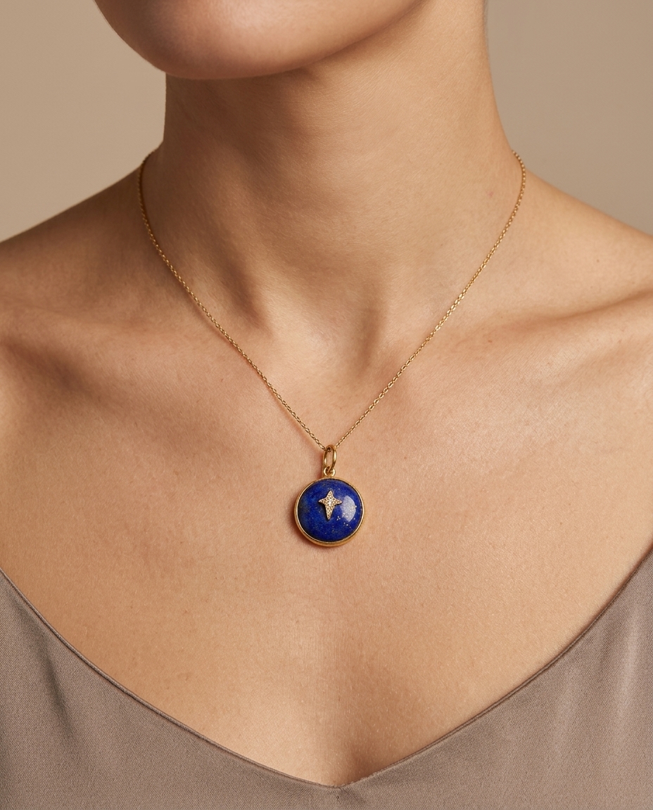 14KT Yellow Gold Round Lapis Pendant with Diamonds on model