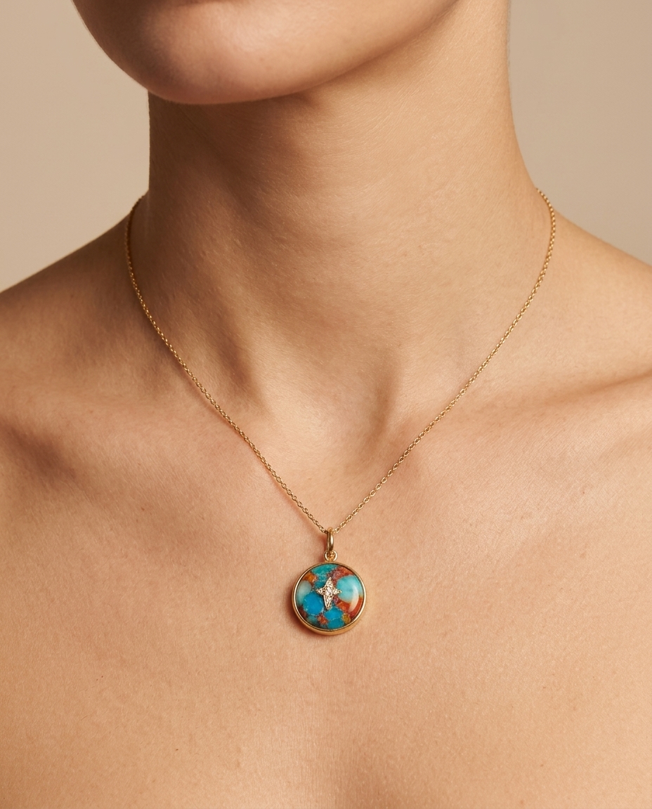 14KT Yellow Gold Round Oyster Turquoise Pendant with Diamonds on model