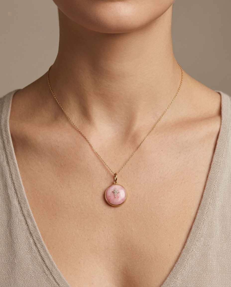 14KT Yellow Gold Round Pink Opal Pendant with Diamonds on model