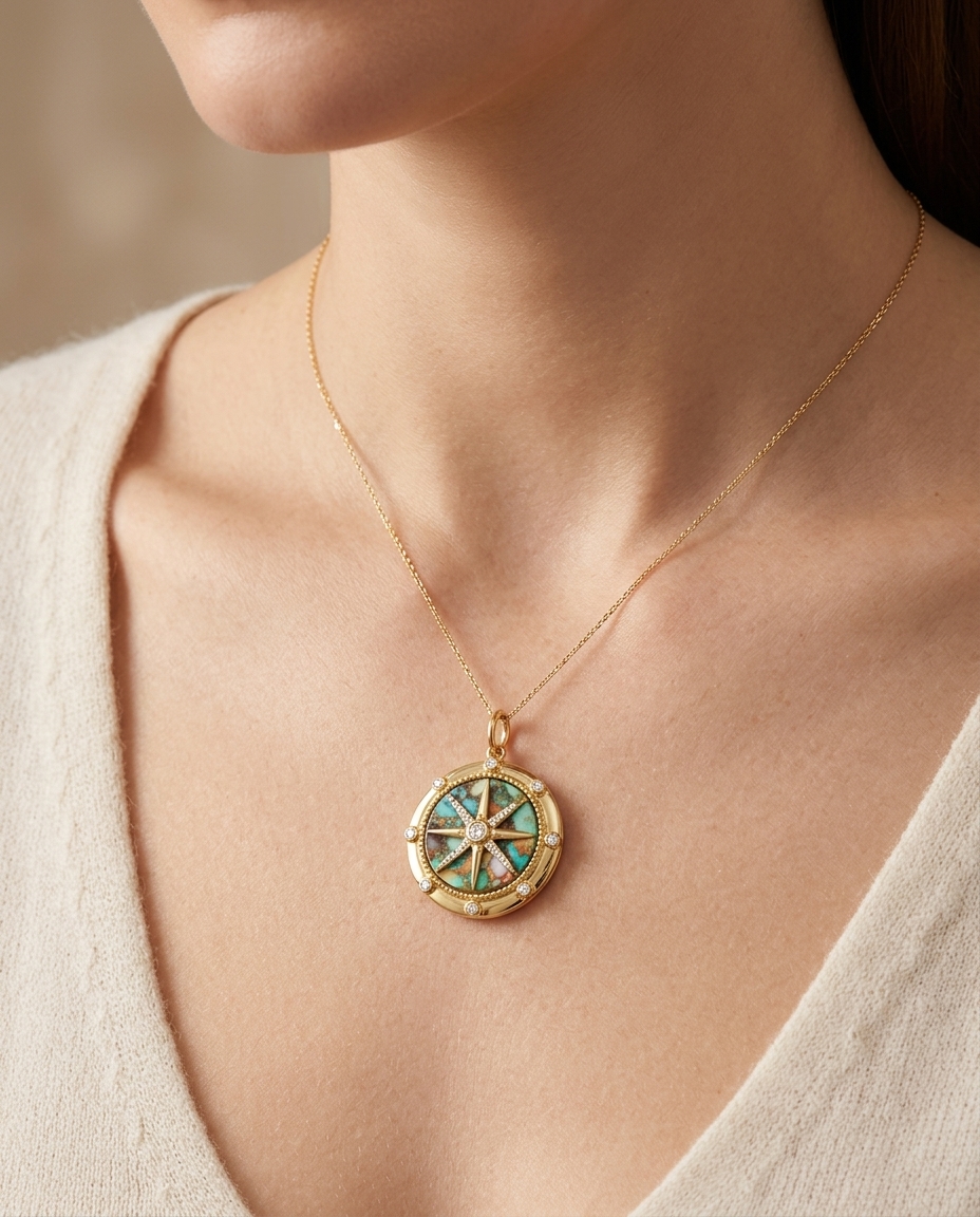 14KT Yellow Gold Oyster Turquoise Compass Pendant with Diamonds on model