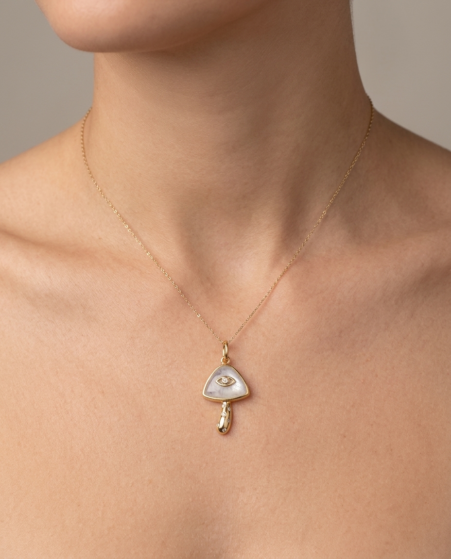 14KT Yellow Gold Rainbow Moon Stone Mushroom Pendant with Diamonds on model